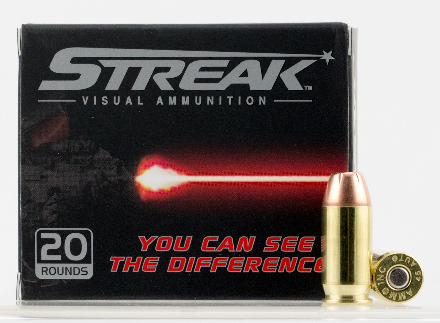 Ammo Inc 45230JHPSTRK Streak Red 45 Automatic Colt Pistol (ACP) 230 GR Jacketed Hollow Point 20 Bx/ 10 Cs