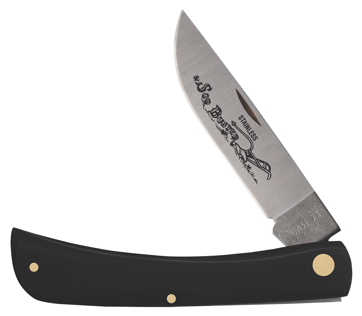 Case 00092 Sod Buster  3.70 Inch Folding Skinner Plain Etched AsGround TruSharp SS Blade/Smooth Black Synthetic Handle | 021205000923