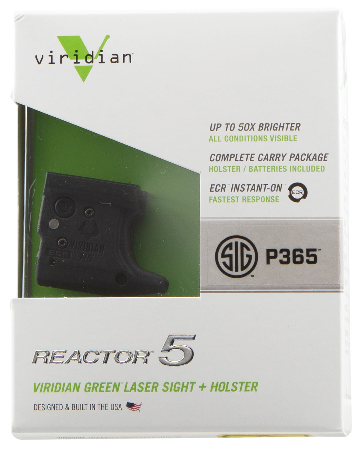 Viridian 920-0058 Reactor R5 Gen 2 Green Laser with 510-532nM Wavelength, ECR & 100 yds Day/2 mi Night Range Black Finish for Sig P365 Includes IWB Holster
