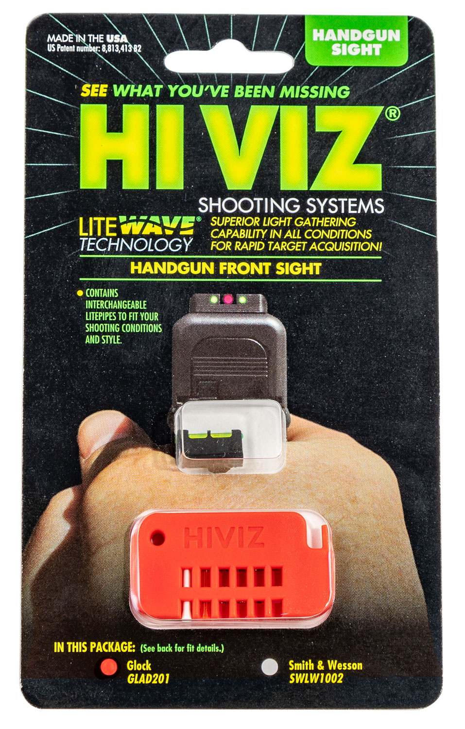 HiViz GLAD201 Target Front Sight Interchangeable Green, Red, White Fiber Optic LitePipes Black Frame for Most Glock (Except 42,43,MOS)