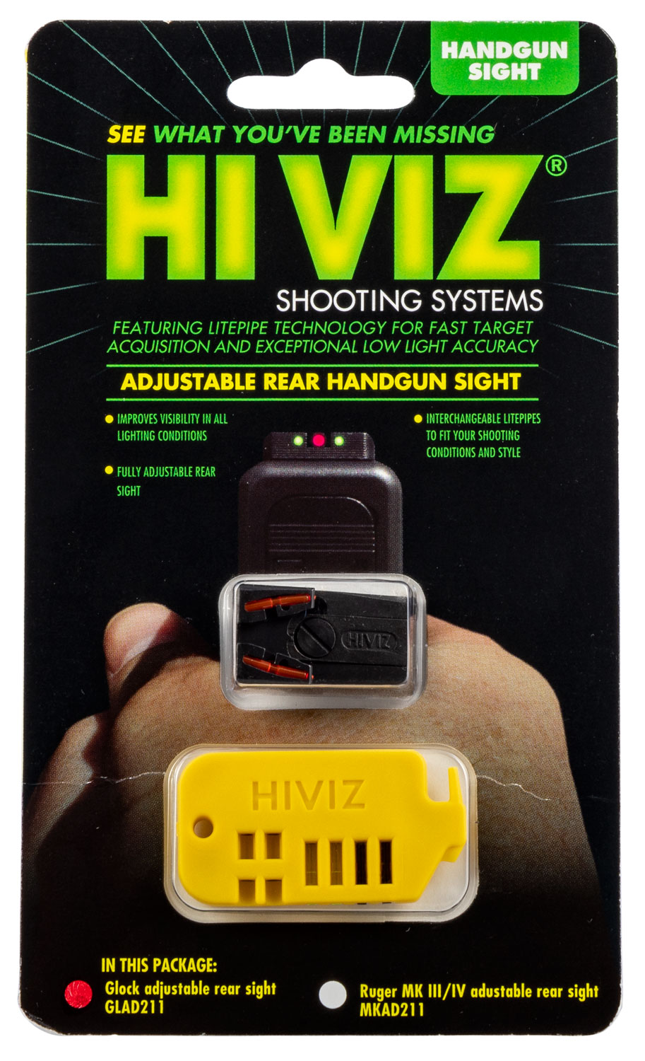 HiViz GLAD211 Target Rear Sight Interchangeable Green, Red, Black Fiber Optic LitePipes Black Frame for Most Glock (Except 42,43,MOS)