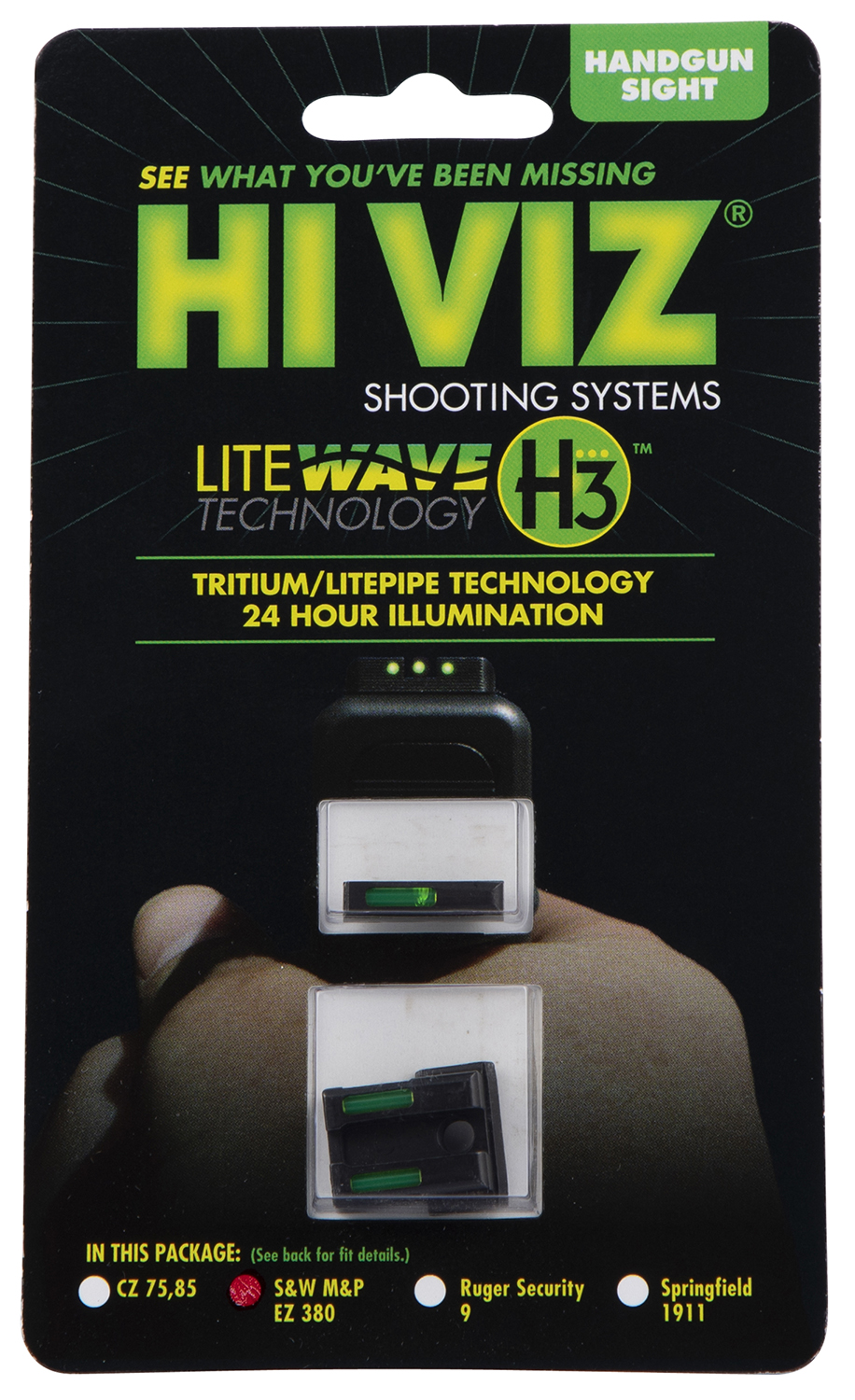 HiViz EZN321 LiteWave H3 Set 3-Dot Tritium with LitePipe Technology Green Front & Rear Black Frame for S&W M&P Shield EZ380