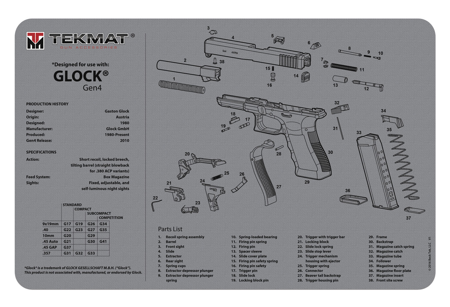 TekMat 11"x 17" Slip 2000 Gun Cleaning Mat "Glock" 