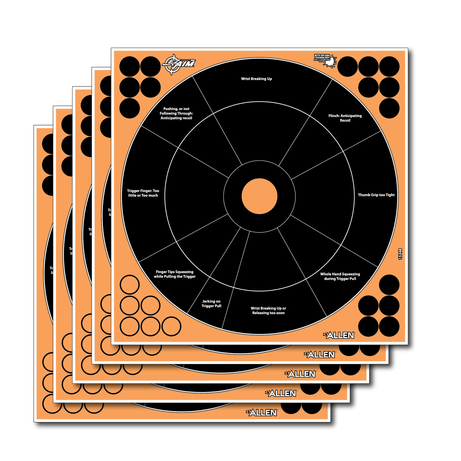 EZ-Aim 15250 Splash Reactive Target Self-Adhesive Paper Black/Orange 1 Inch Bullseye 12 PK | 026509046462
