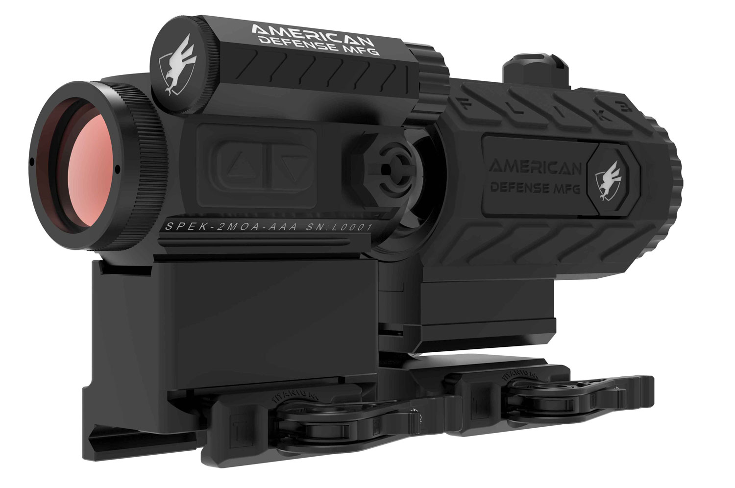 American Defense Mfg RDT1LT3X Duo 3 Spek/Flik3 Pkg Black 3x 20mm 2 MOA Red Dot Reticle Features Titanium QD Lever