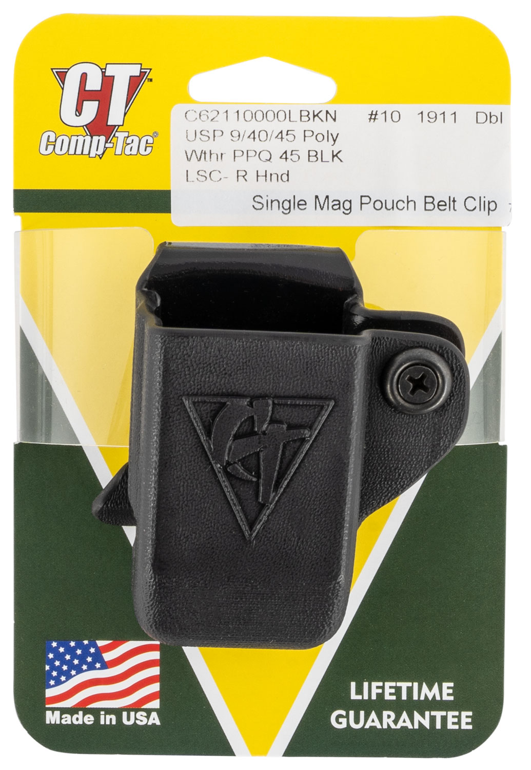 Comp-Tac C62110000LBKN Single Mag Pouch  OWB Black Kydex Belt Clip Compatible w/ 1911/Walther PPQ/HK Belts 1.50