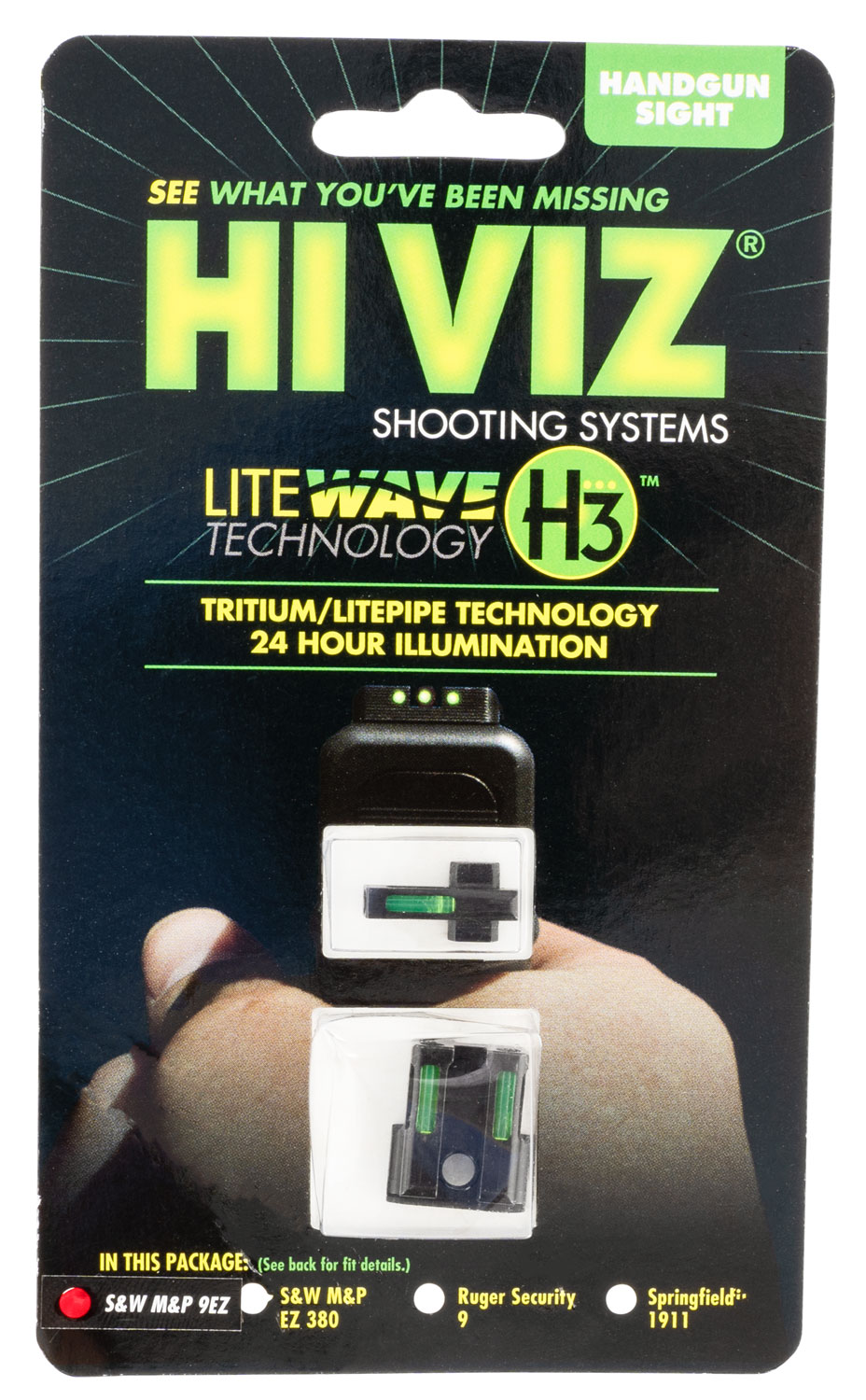 HiViz 9EZN321 LiteWave H3 Set 3-Dot Tritium with LitePipe Technology Green Front & Rear Black Frame for S&W M&P Shield EZ 9mm