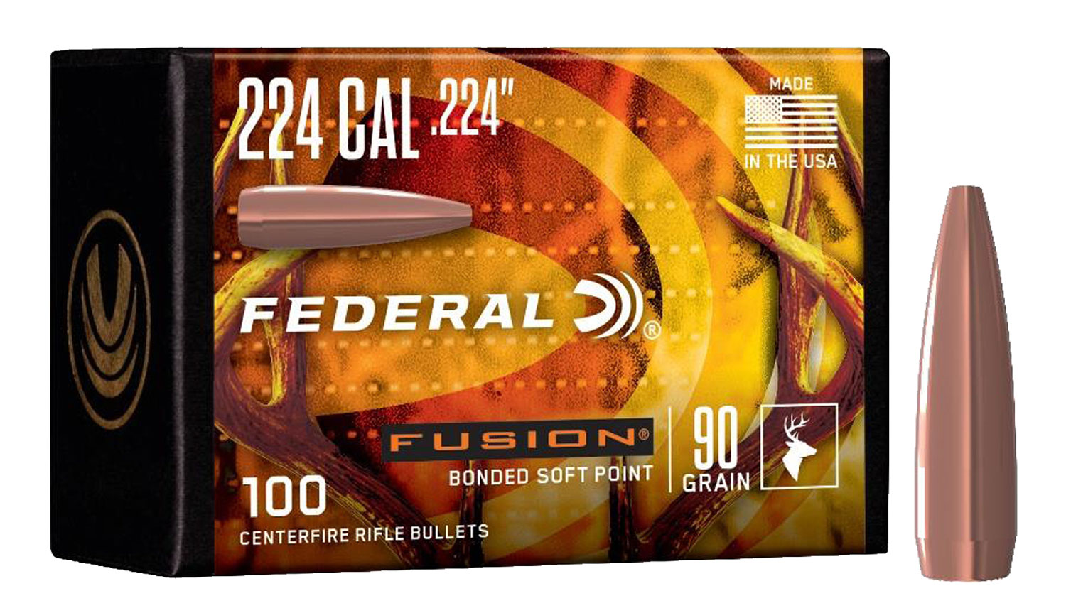 Federal FB224F1 Fusion Component  224 Cal .224 90 gr Bonded Soft Point 100 Per Box