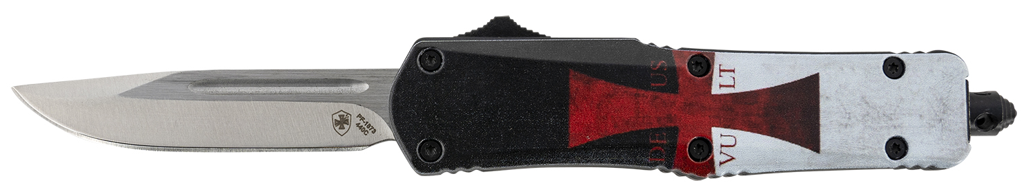 Templar Knife STK332 Gen II Templar Flag Small 2.69 Inch OTF Drop Point Plain Powder Coated 440C SS Blade, 4.31 Inch Templar Flag Aluminum Handle Glass Breaker | 093674803213