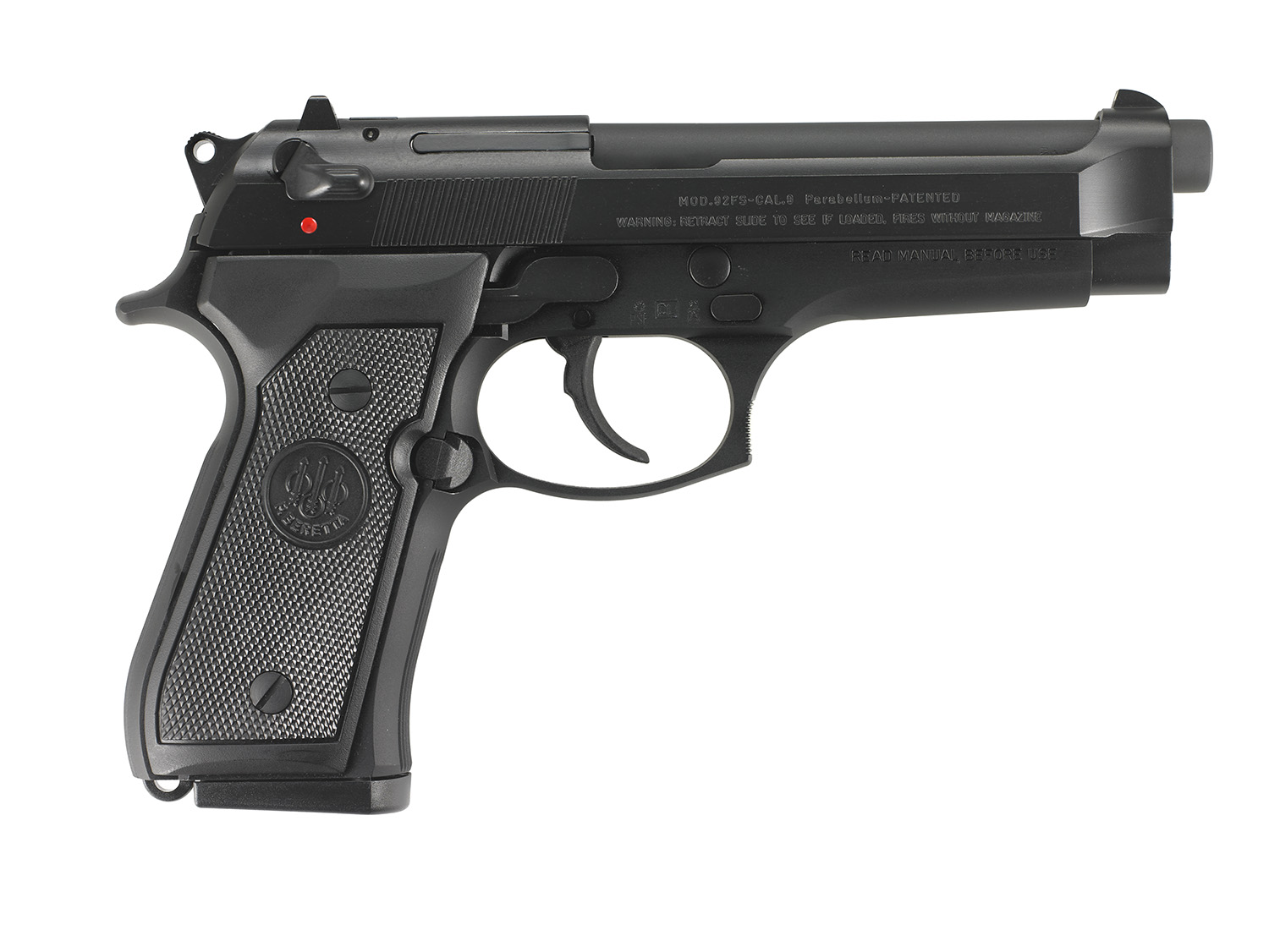 Beretta USA JS92F300 92FS  9mm Luger Caliber with 4.90 Inch Barrel, 101 Capacity, Overall Black Bruniton Finish Steel, Serrated Slide, Polymer Grip  3Dot Sights Italian Made | 9x19mm NATO | 082442027104