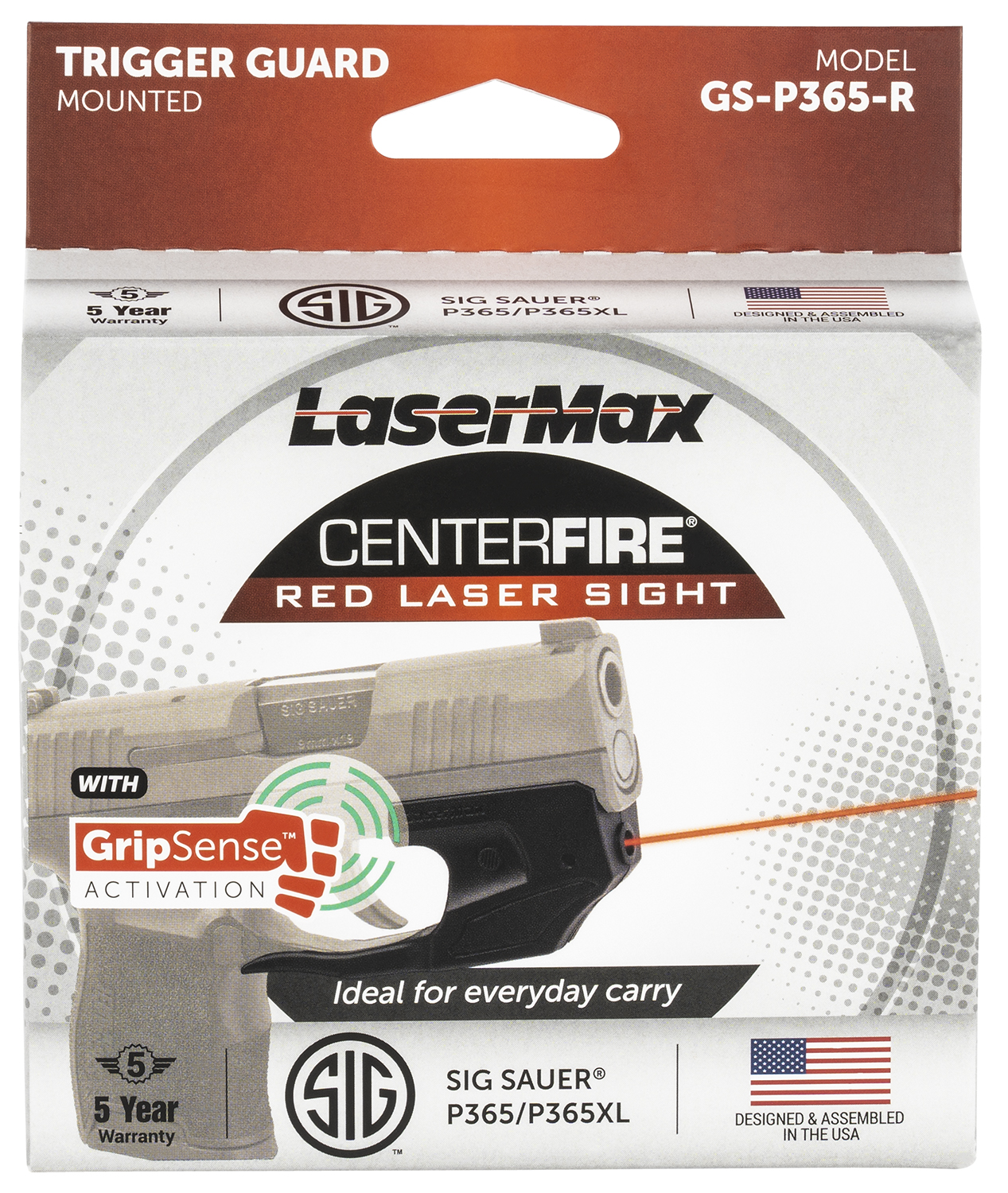 LaserMax GSP365R Centerfire Laser 5mW Red Laser with 650nM Wavelength, GripSense & Black Finish for Sig P365, P365 XL, P365 SAS