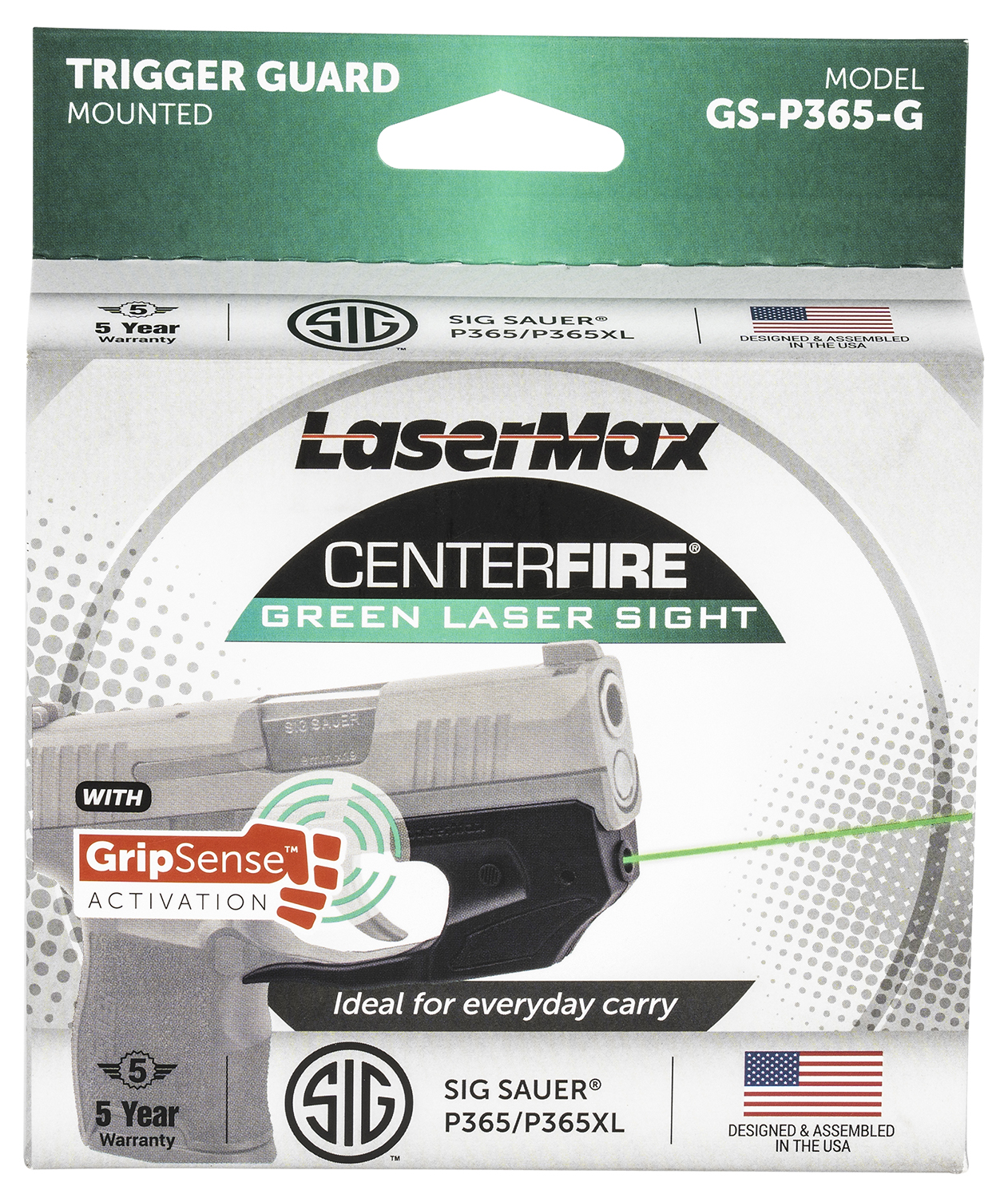 LaserMax GSP365G Centerfire Laser 5mW Green Laser with 650nM Wavelength, GripSense & Black Finish for Sig P365, P365 XL, P365 SAS