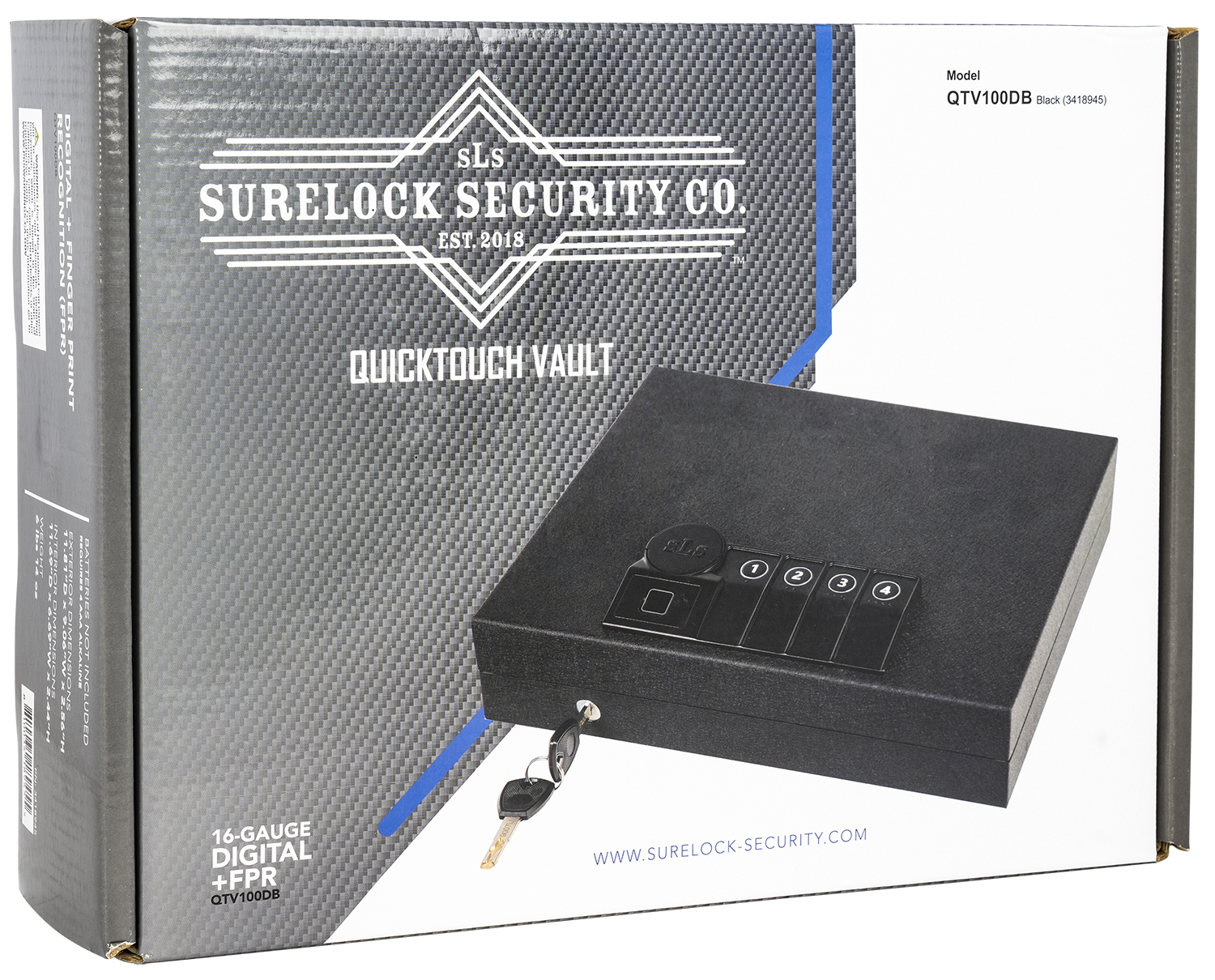 Surelock Security 3418945 QuickTouch 100 Digital Keypad/Biometric/Key Entry Matte Black Steel Holds 1 Handgun 2.56