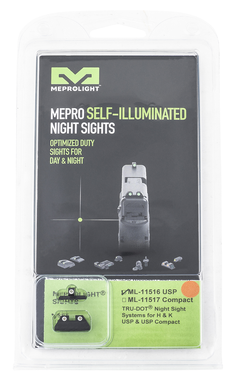Meprolight USA 115163301 Mepro Tru-Dot Fixed Sights Self-Illuminated Green Tritium Front & Orange Rear with Black Frame for HK USP