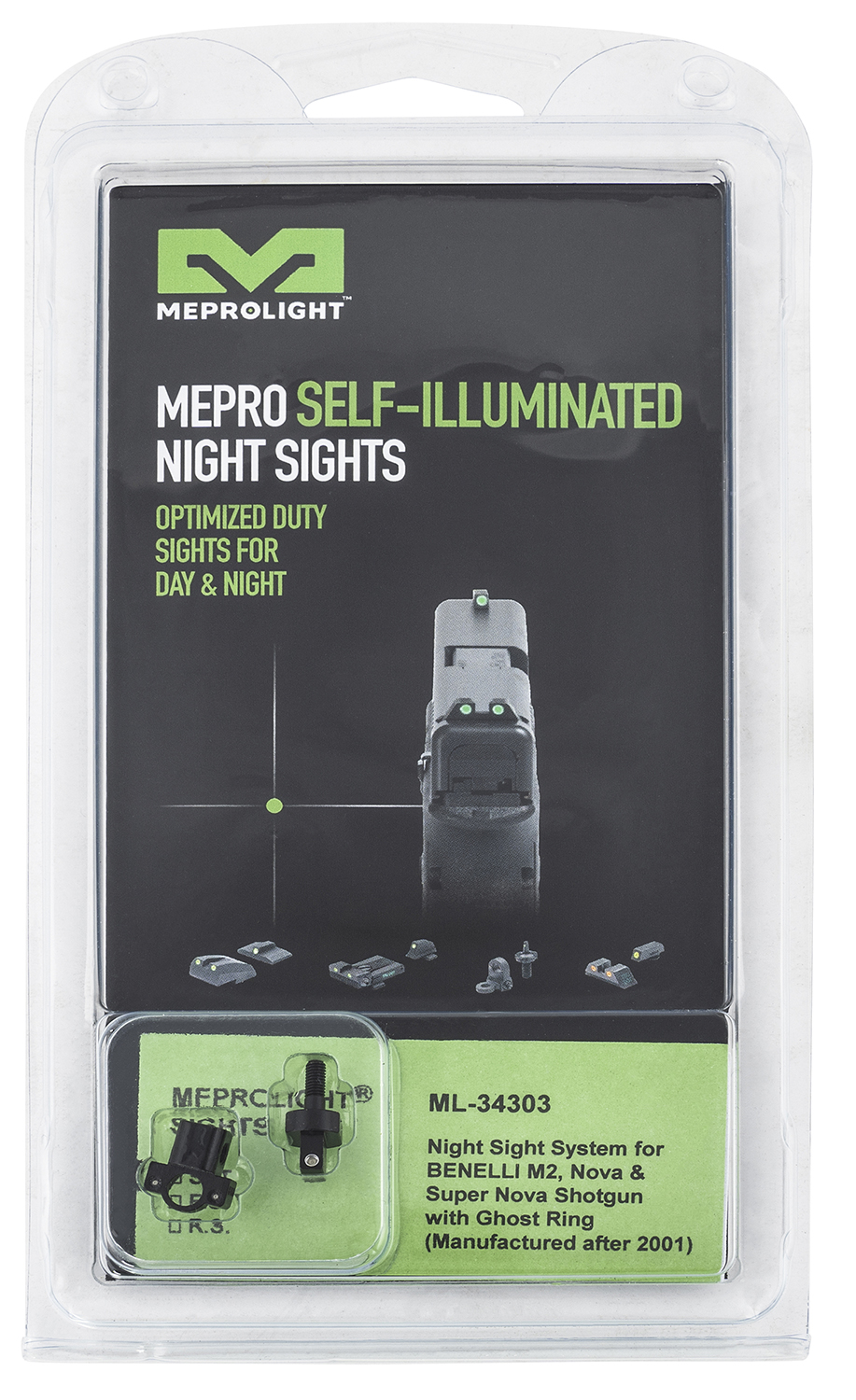 Meprolight USA 1343033101 Mepro Tru-Dot Self-Illuminated Benelli Nova Benelli M2 Green Tritium Front & Rear