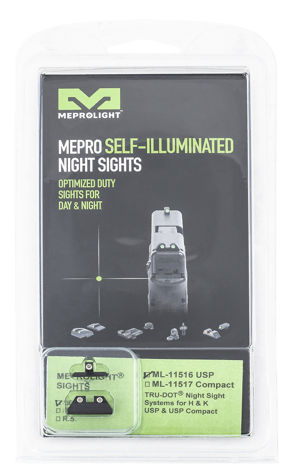 Meprolight USA 115163101 Mepro Tru-Dot Fixed Sights Self-Illuminated Green Tritium Front & Rear with Black Frame for HK USP