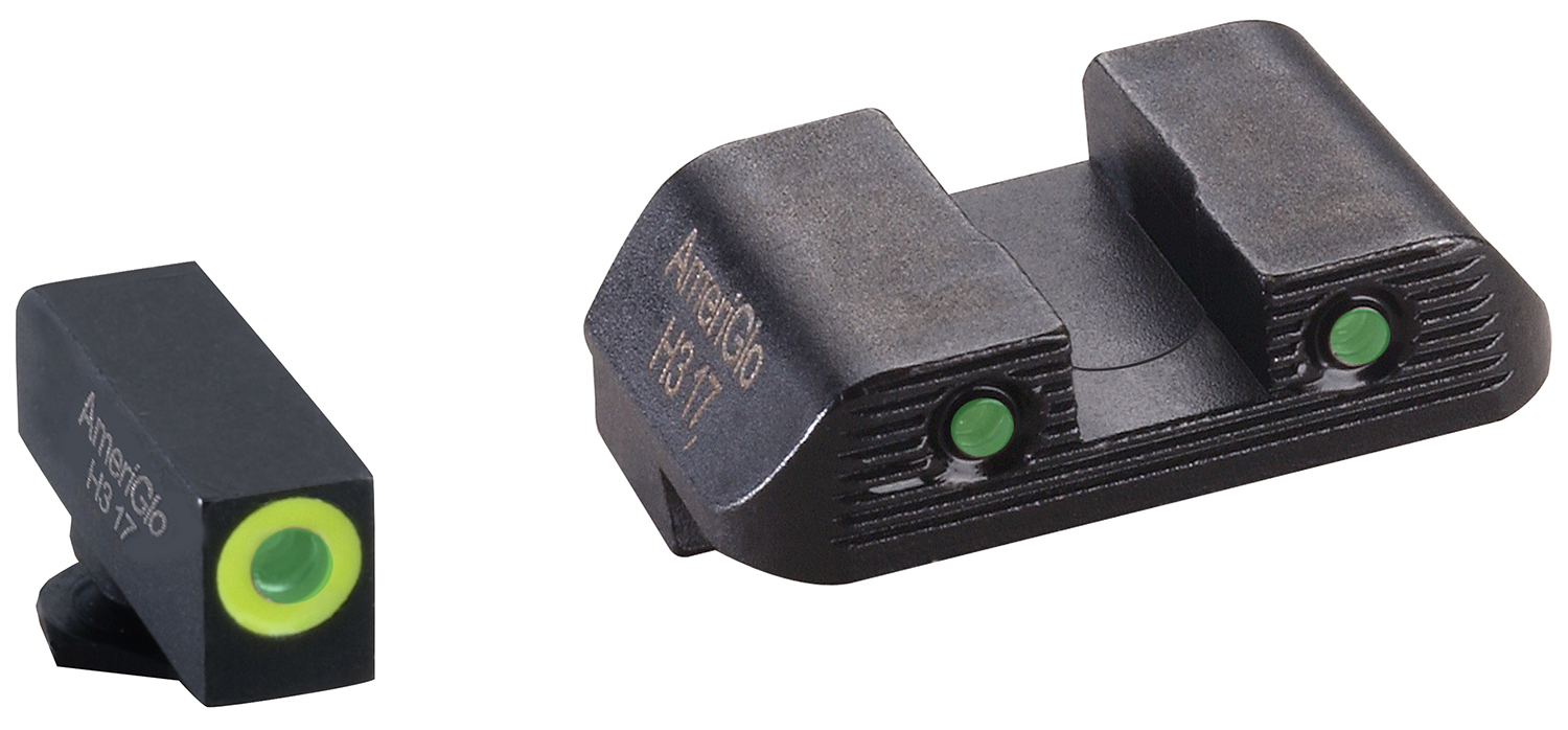 AmeriGlo GL822 Trooper Set  3-Dot Tritium Green w/LumiGreen Outline & Black Frame Compatible w/Glock 42/43/43X/48 w/wo MOS Slide