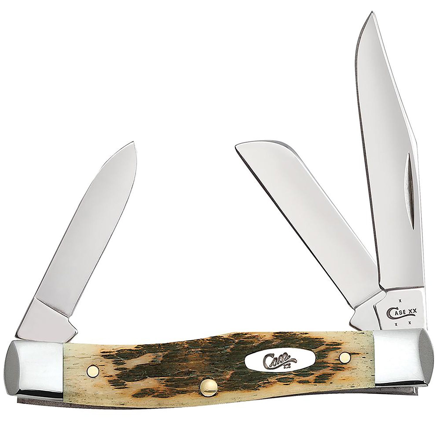 Case 00079 Stockman  Medium 2.57 Inch/1.88 Inch/1.76 Inch Folding Clip/Sheepsfoot/Pen Plain Mirror Polished Chrome Vanadium Steel Blade/Peach Seed Jigged Amber Bone Handle | 021205000794