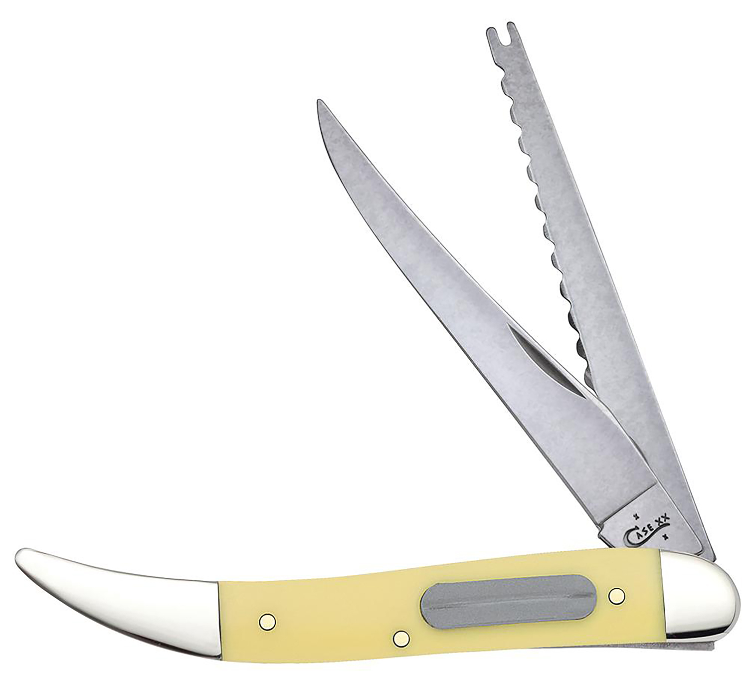 Case 00120 Fishing  3.40 Inch Folding Clip/Fish Scaler Plain/Serrated Tumble Polish TruSharp SS Blade/ Yellow Synthetic Handle | 021205001203