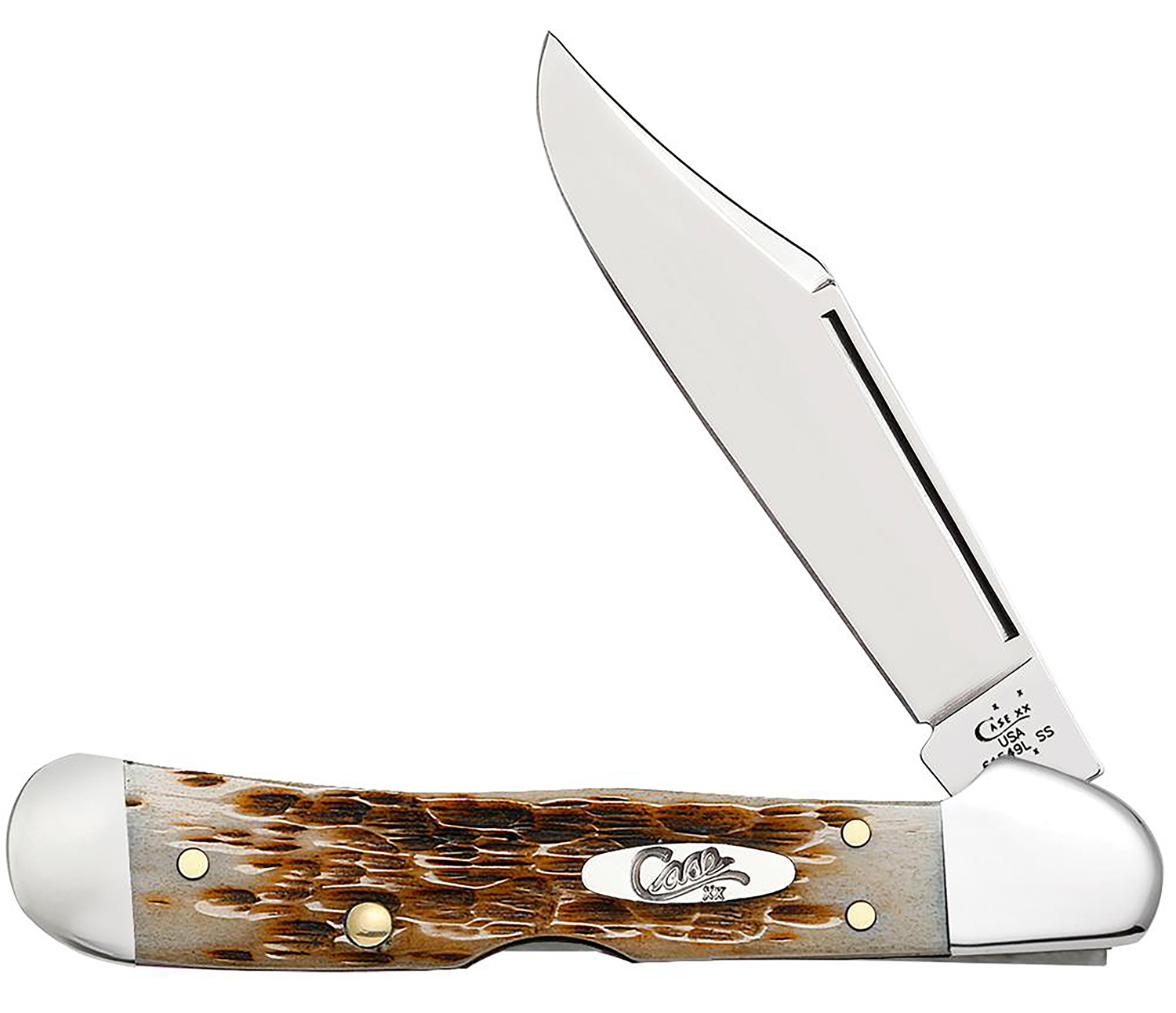 Case 00133 CopperLock  Mini 2.72 Inch Folding Clip Point Plain Mirror Polished TruSharp SS Blade/Peach Seed Jigged Amber Bone Handle | 021205001333