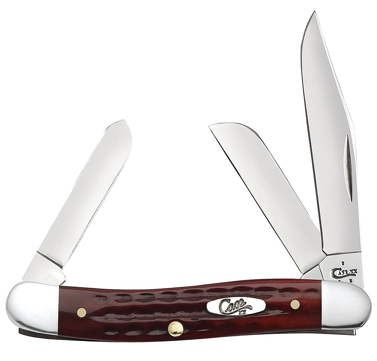 Case 00786 Stockman  Medium 2.57 Inch/1.88 Inch/1.71 Inch Folding Clip/Sheepsfoot/Spey Plain Mirror Polished TruSharp SS Blade/Corn Cob Jigged Old Red Bone Handle | 021205007861