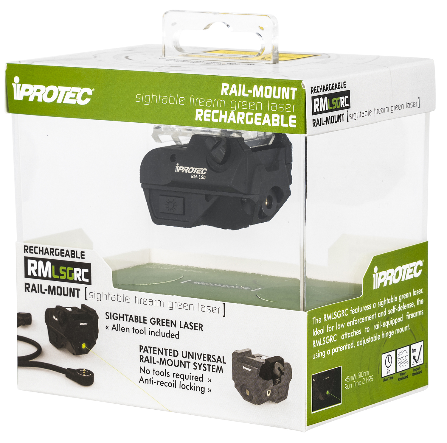 iProtec IPRSPS0001 RMLSG RC Rechargeable 5mW Green Laser with 510 nm Wavelength & Black Finish  for Rail-Equipped Long Guns, Handgun