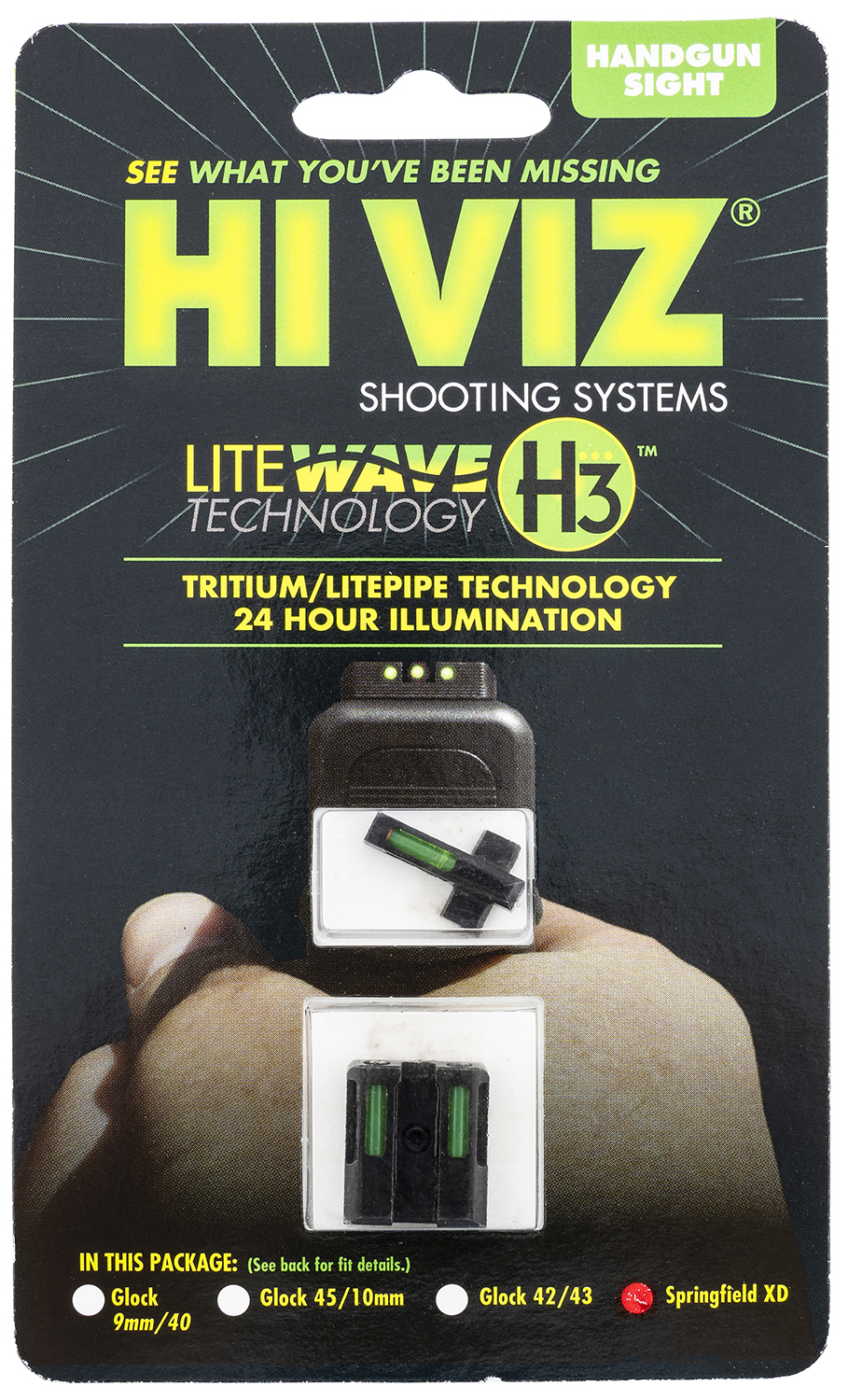 HiViz XDN521 LiteWave H3 Tritium/LitePipe Springfield Armory XD Sight Set  Black | Green Tritium with Orange Outline Front Sight Green Fiber Optic Rear Sight