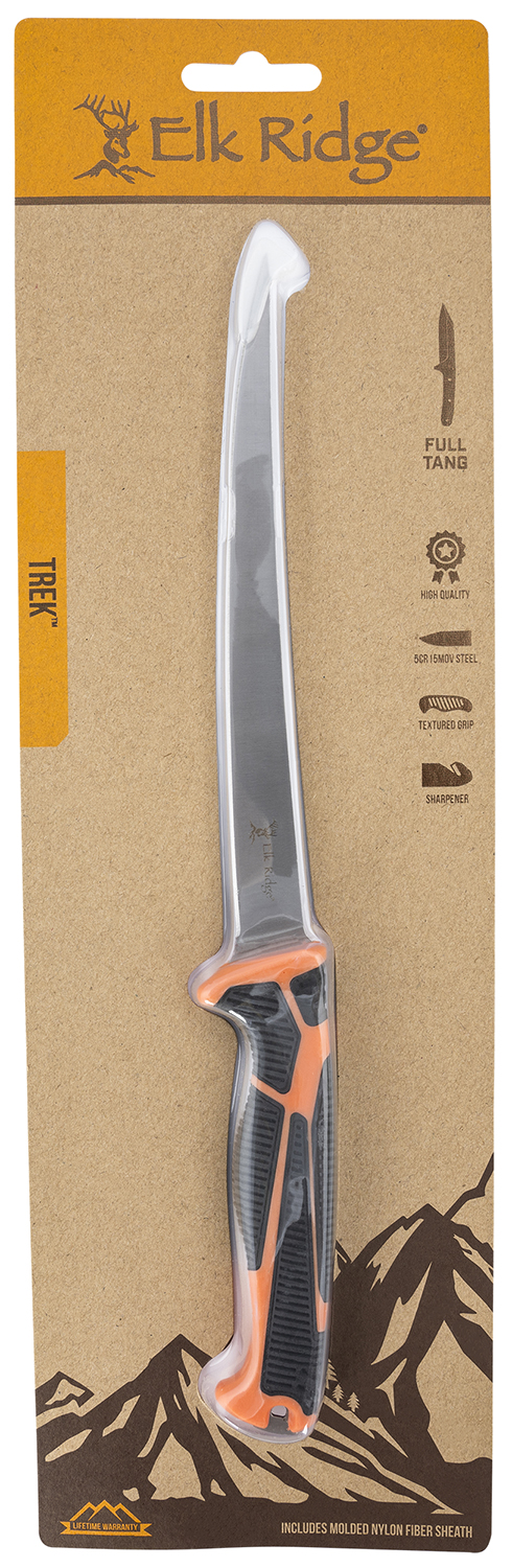 Elk Ridge ERTKFIX002CS Trek  7 Inch Fixed Fillet Plain Satin 5Cr15MoV SS Blade/ Black/Orange TPR Handle Features Clamshell Packaging Includes Sheath | 805319431725