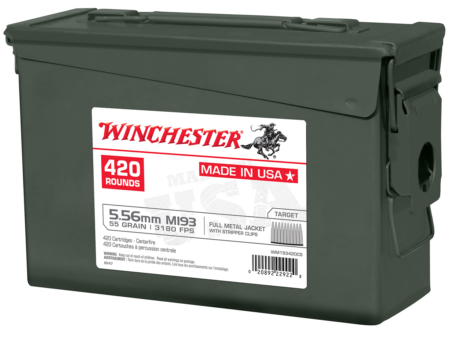 Winchester Ammo WM193420CS USA M193 5.56x45mm NATO 55gr Full Metal Jacket 840rds/420Bx 2 Cans | 00020892229235