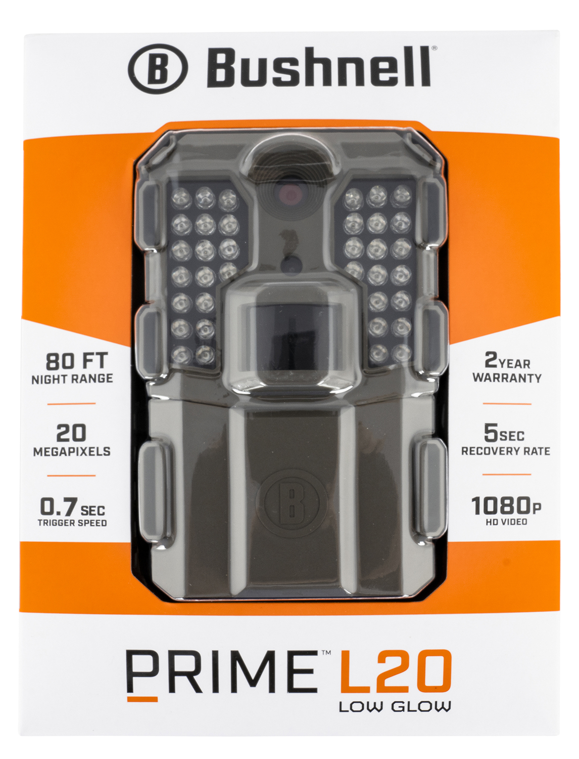 Bushnell 119930B Prime L20 Brown, Text LCD Display, 3/12/20MP Resolution, Red Glow Flash, SD Card Slot/Up to 32GB Memory