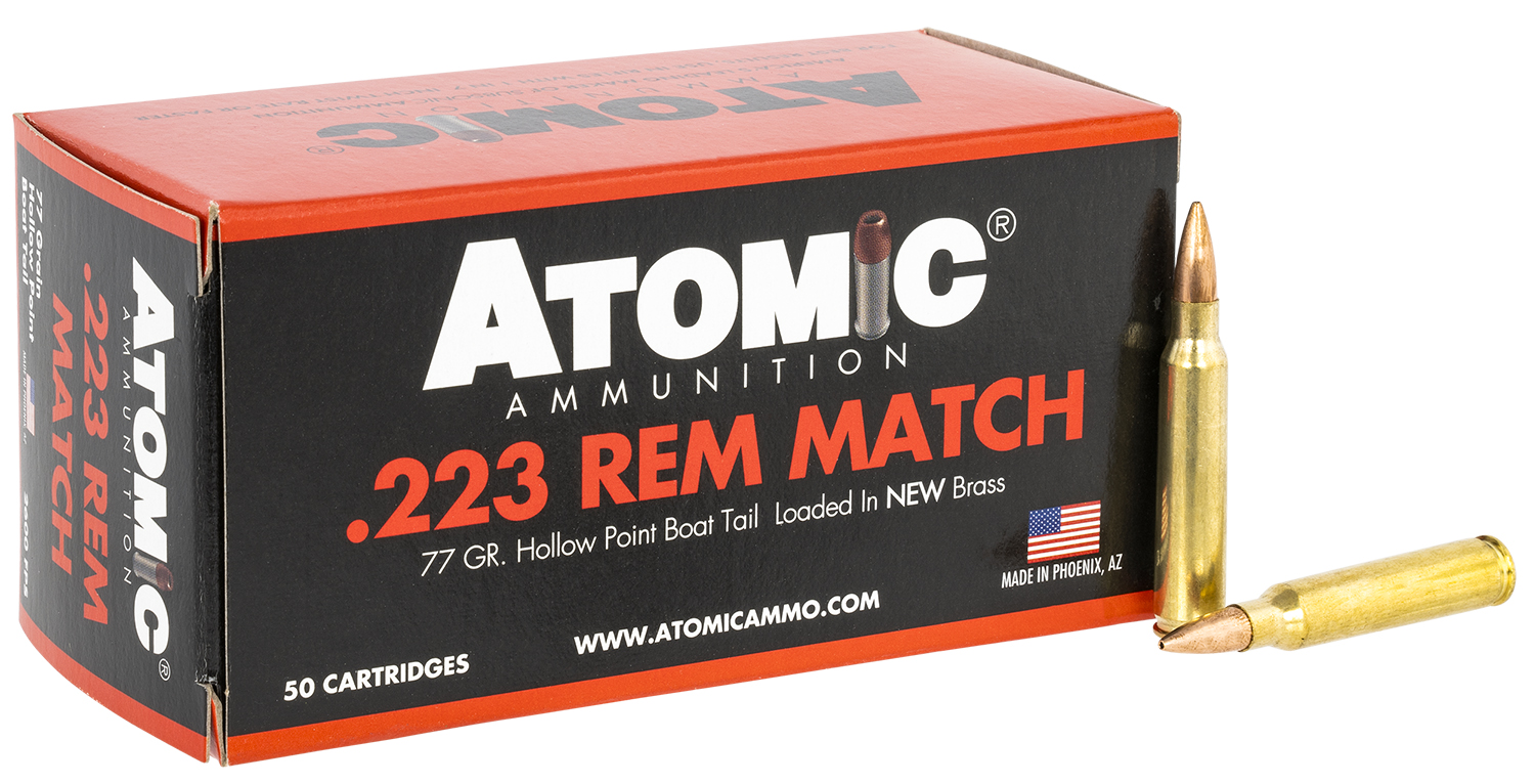 Atomic Ammunition 00427 Rifle Match 223 Rem 77 gr, Hollow Point Boat-Tail (HPBT), 50 Per Box/ 10 Cs