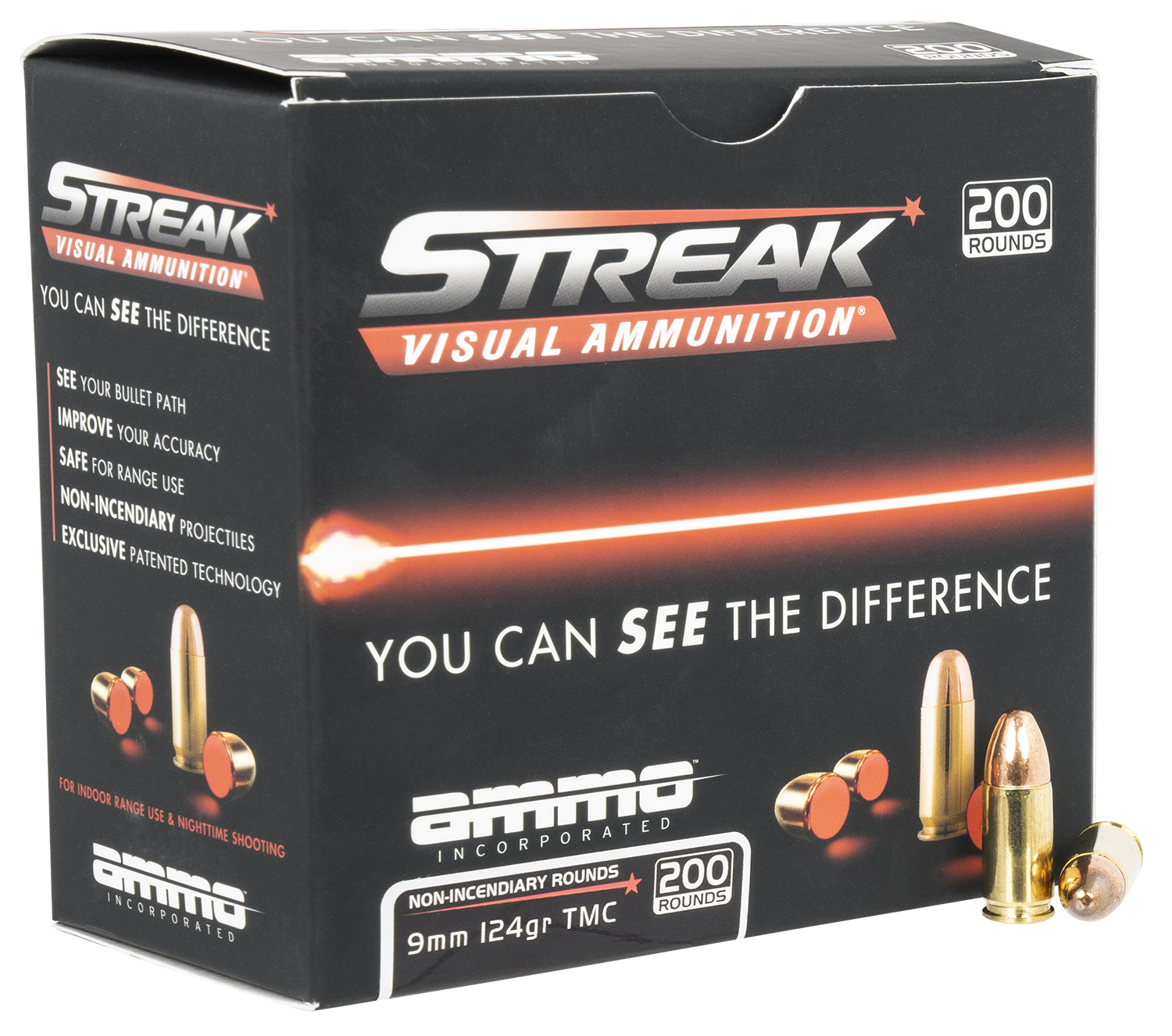 Ammo Inc 9124TMCSTRKRED200 Streak Visual  9mm Luger 124 gr Total Metal Case (TMC) 200 Per Box/5 Cs