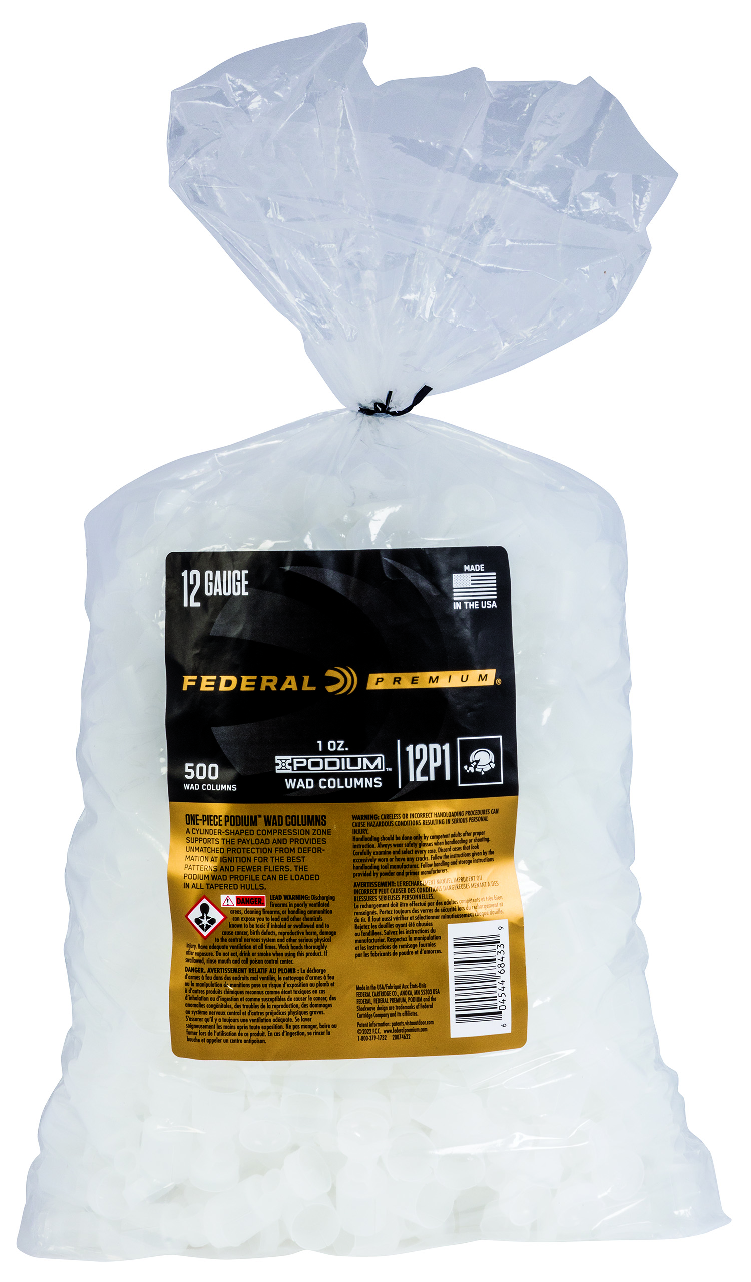 Federal 12P1 Podium Wad Premium 12 Gauge 1 oz White Plastic 500 10