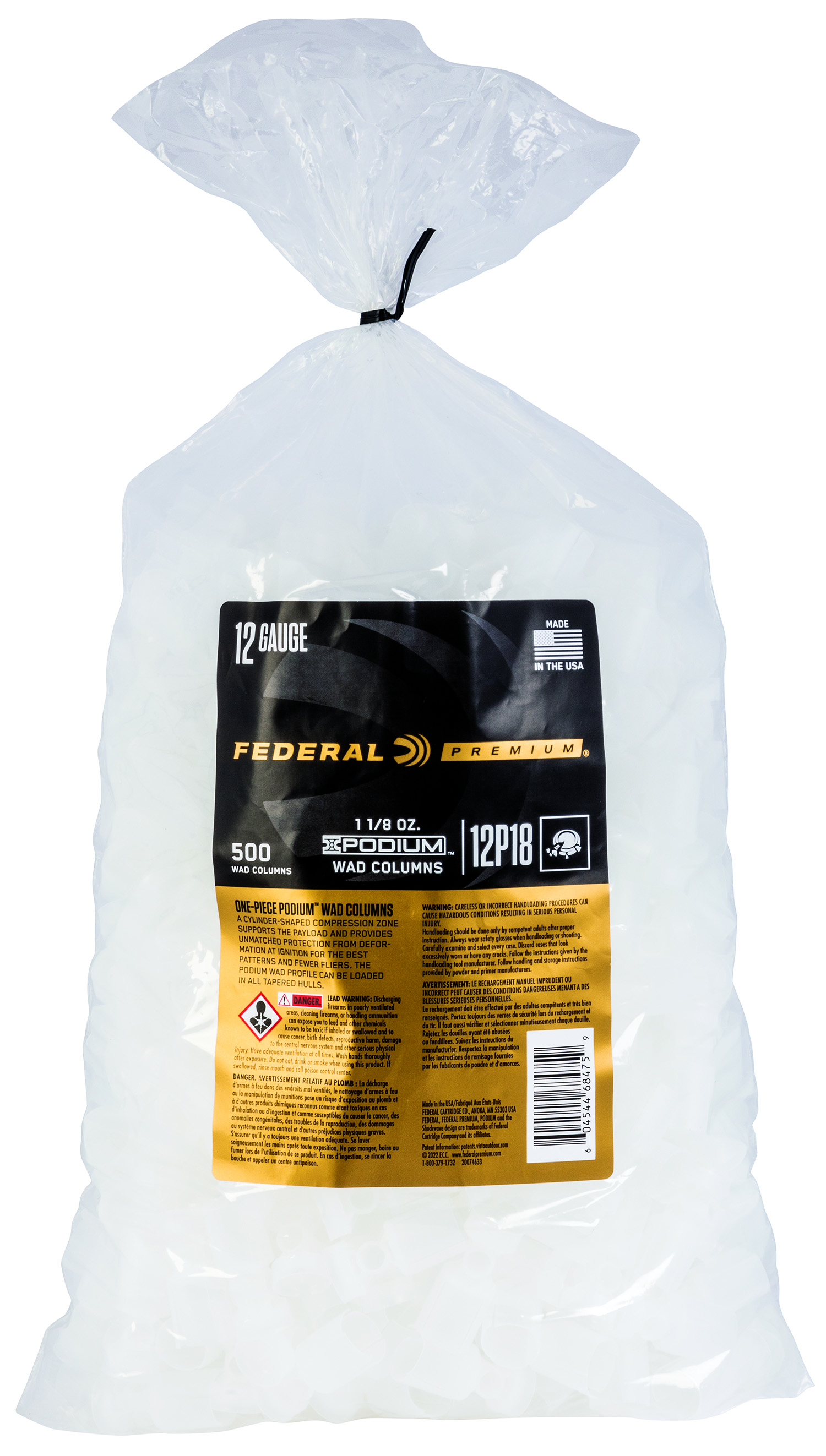 Federal 12P18 Podium Wad Premium 12 Gauge 1 1/8 oz White Plastic 500 10