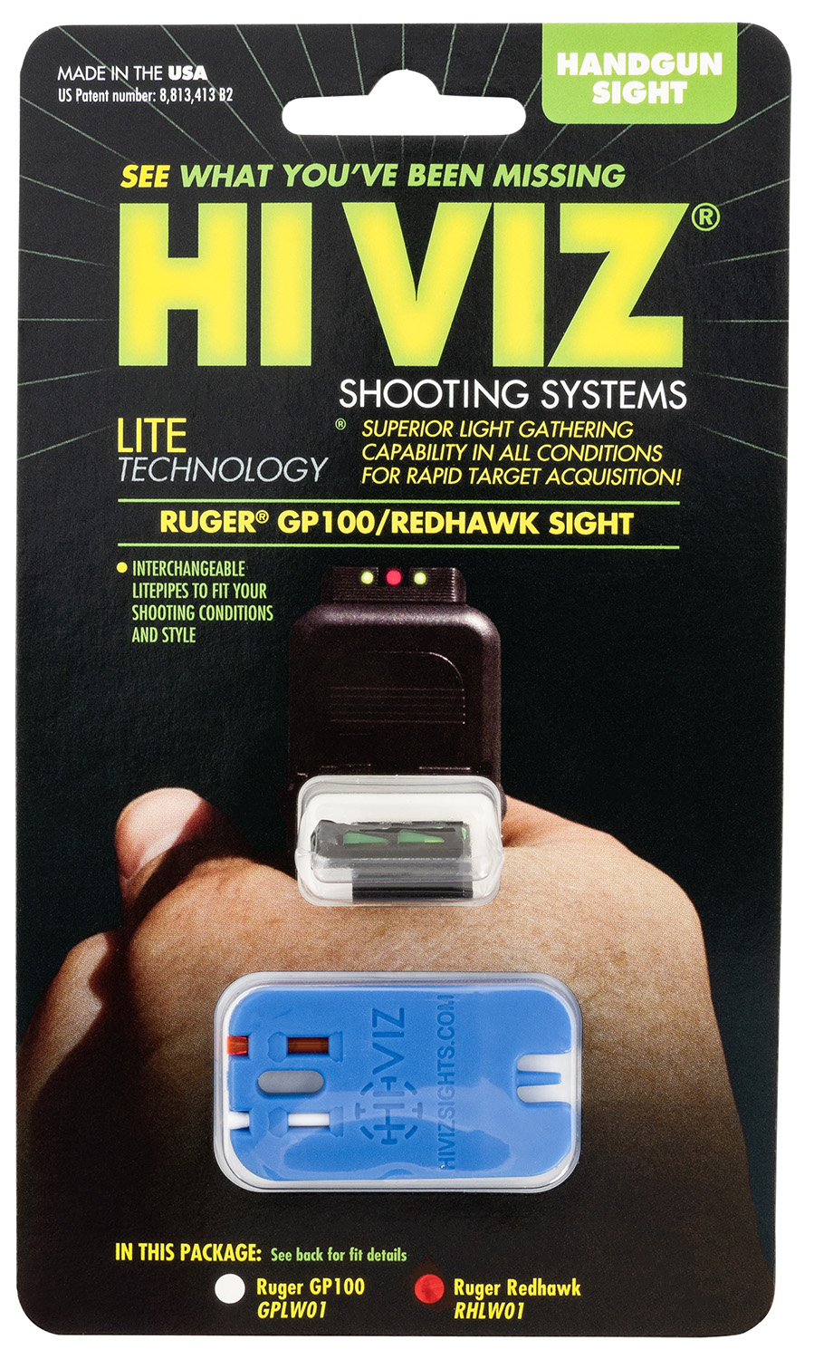 HiViz RHLW01 Ruger Redhawk & Super Redhawk LiteWave Front Sight  Black | Green Interchangeable Fiber Optic