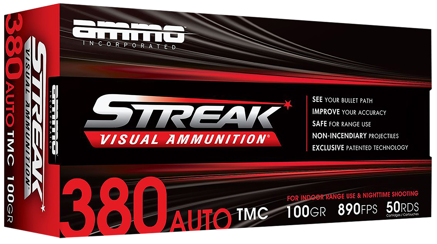 Ammo Inc 380100TMCSTRKRED50 Streak Visual (RED)  380 ACP 100 gr Total Metal Case (TMC) 50 Per Box/20 Cs
