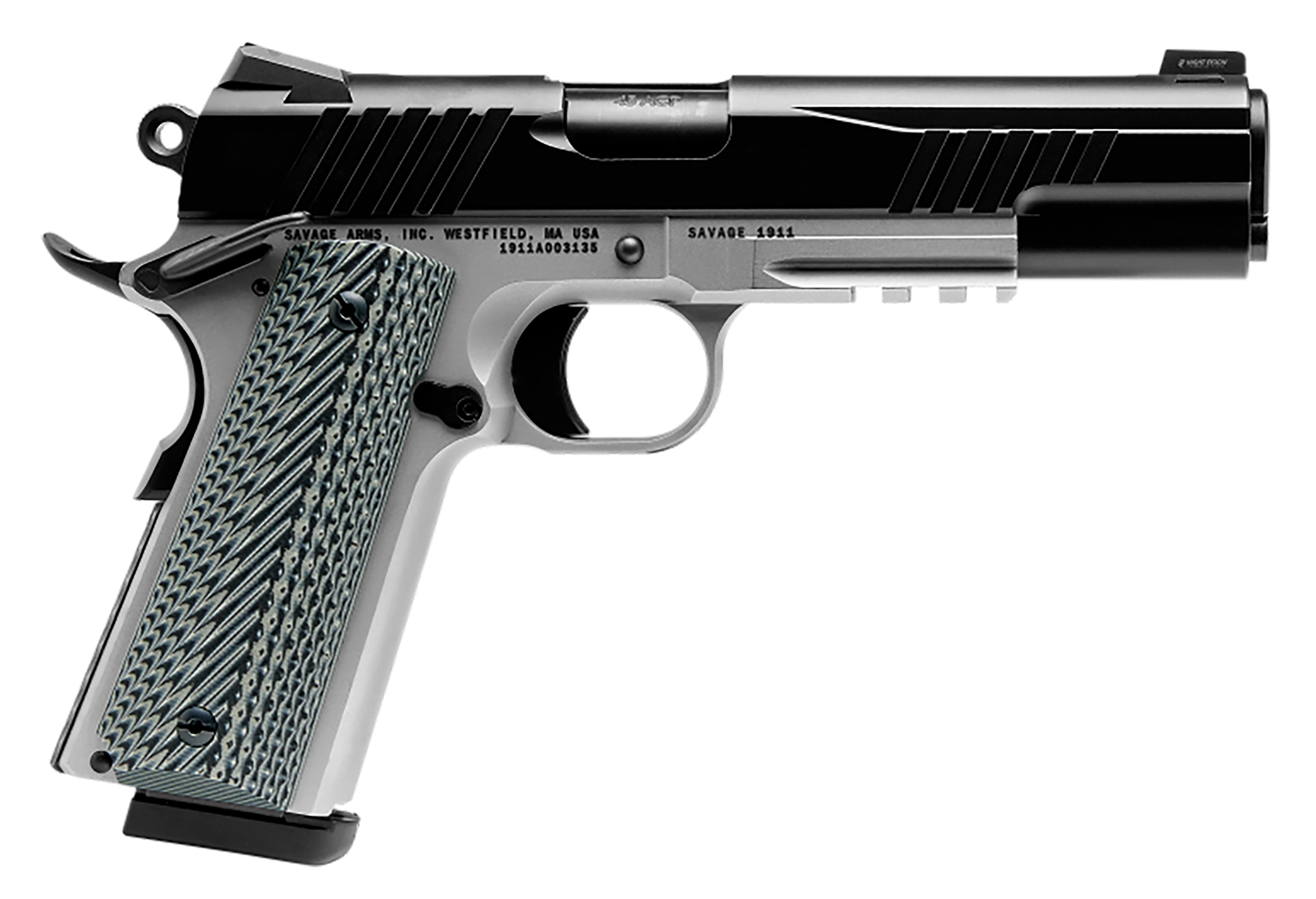 Savage Arms 67208 1911 Government 9mm Luger 101 5 Inch Black Stainless Steel Barrel, Black Nitride Serrated Stainless Steel Slide, Stainless Steel Frame w/Picatinny Rail, Black/Gray VZ Grip  | 9x19mm NATO | 011356672087