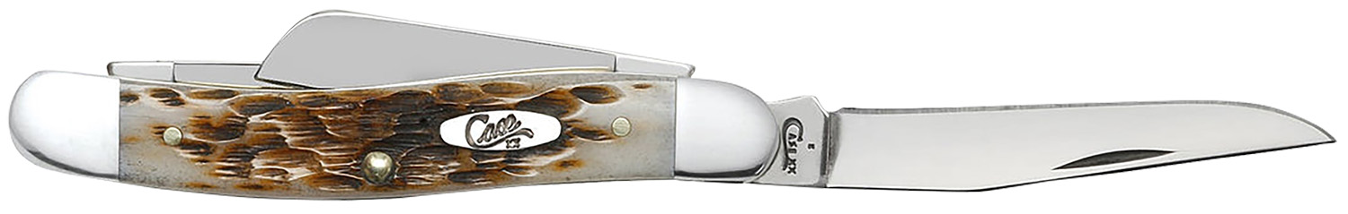 Case 00042 Stockman  Medium 2.57 Inch/1.88 Inch/1.71 Inch Folding Clip Point/Sheepsfoot/Spey Plain Mirror Polished TruSharp SS Blade Peach Seed Jigged Amber Bone Handle | 021205000428