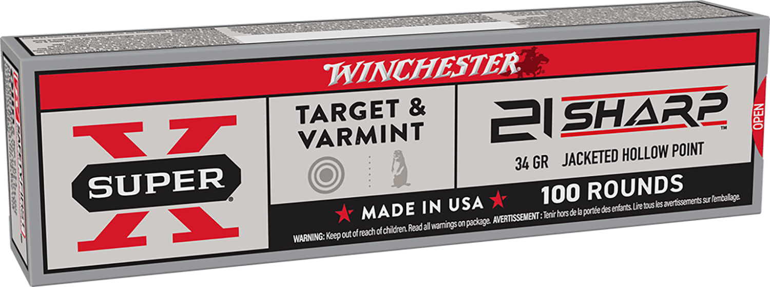 Winchester Ammo X21JHP Super X  21Sharp 34gr Jacketed Hollow Point 100 Per Box/20 Case  | .21 SHARP | 020892104983