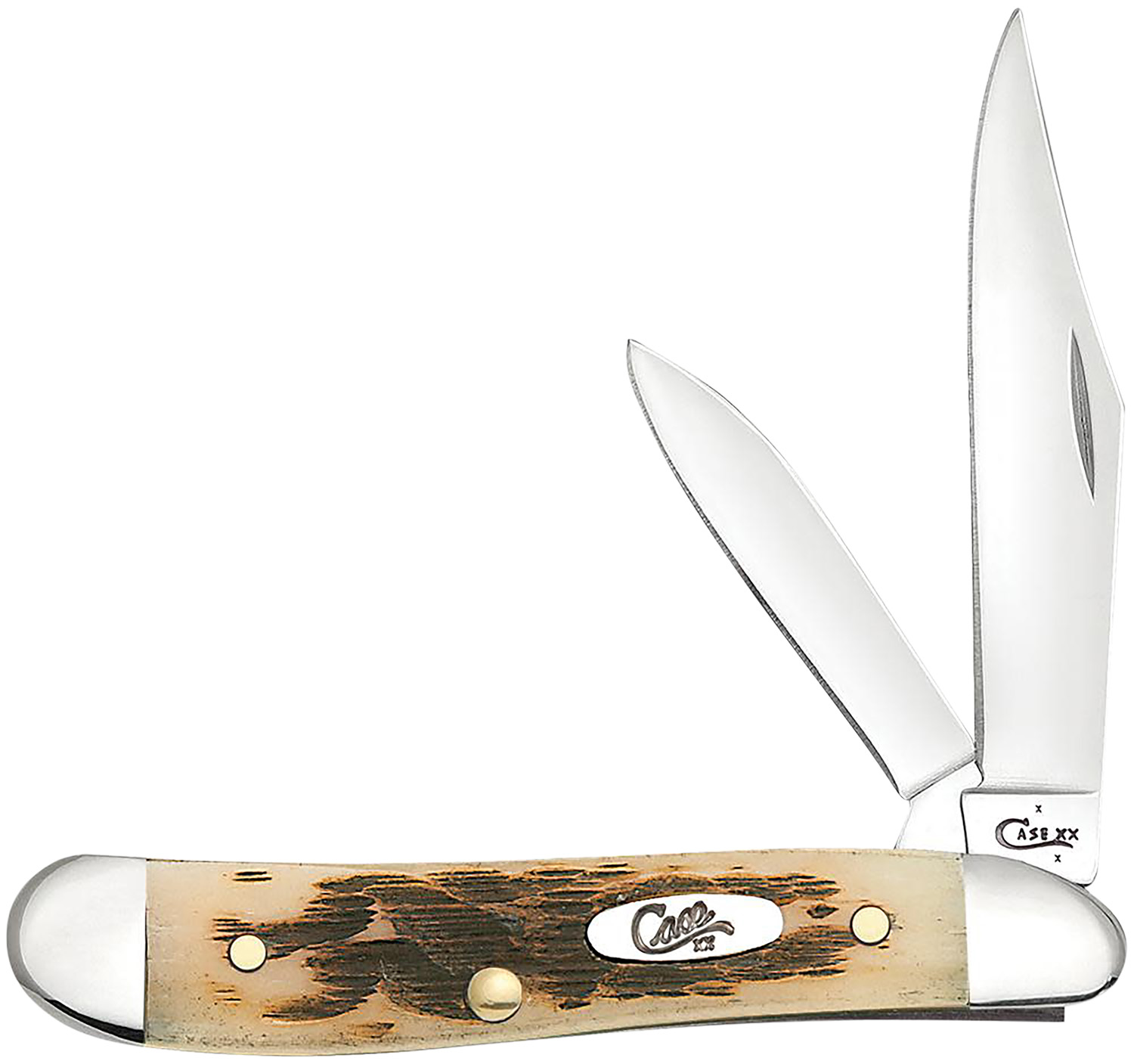 Case 00045 Peanut  2.10 Inch/1.53 Inch Folding Clip Point/Pen Plain Mirror Polished TruSharp SS Blade, Peach Seed Jigged Amber Jigged Bone Handle | 021205000459
