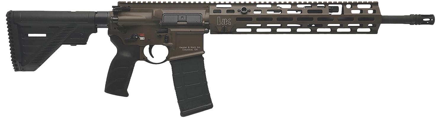 HK 81001204 MR556 A4 5.56x45mm 101 16.50 Inch Black Threaded Barrel, Patriot Brown Picatinny Rail Receiver, MLOK Handguard, 6 Position Black Synthetic Stock, Ambidextrous | 642230271081