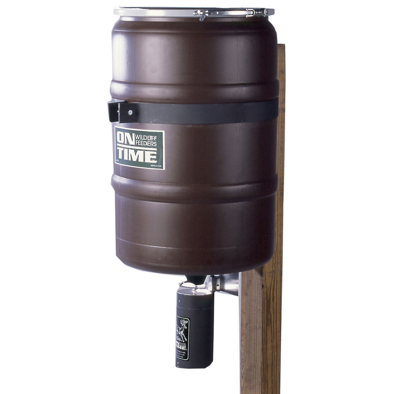 On Time 50003 Elite Lifetime Fish Feeder Combo with 25 Gallon Capacity, Black Finish, Built-In Agitator Rod & Steel Band with Welded Bracket