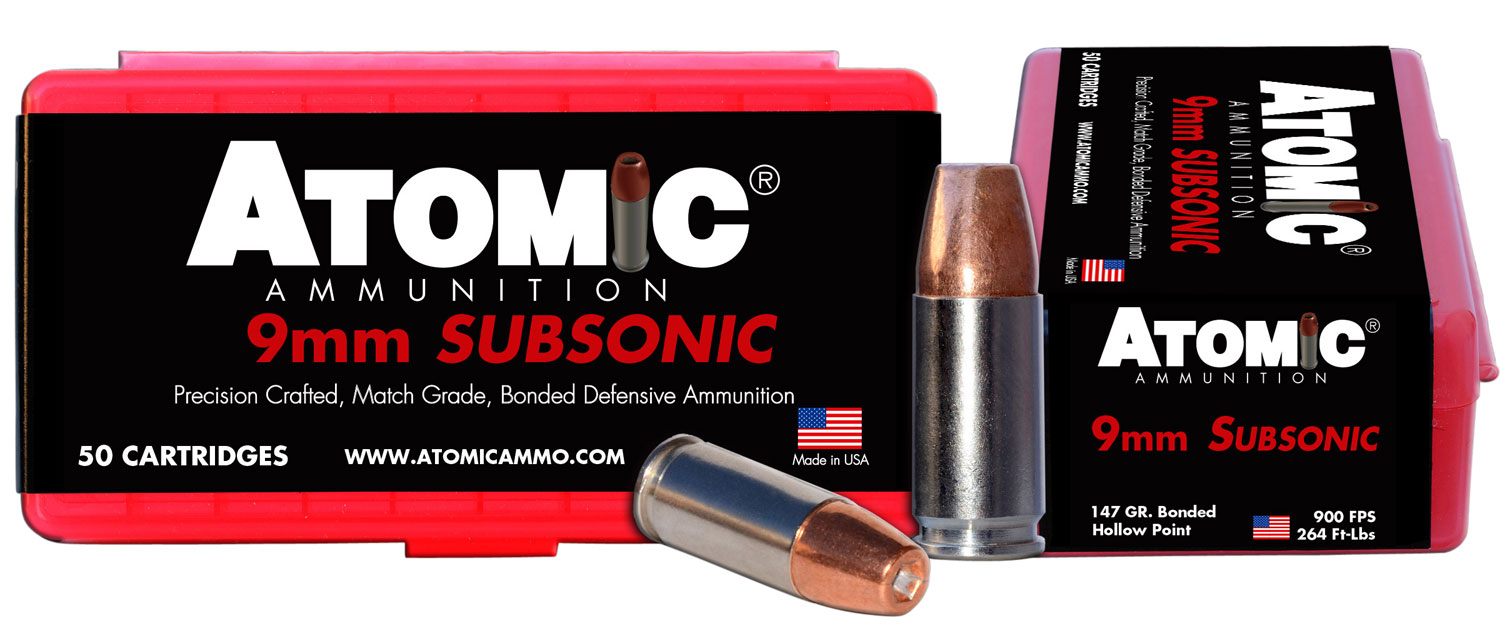 Atomic Ammunition 00438 Pistol Subsonic 9mm Luger +P 147 gr Bonded Match Hollow Point 50 Per Box/10 Cs