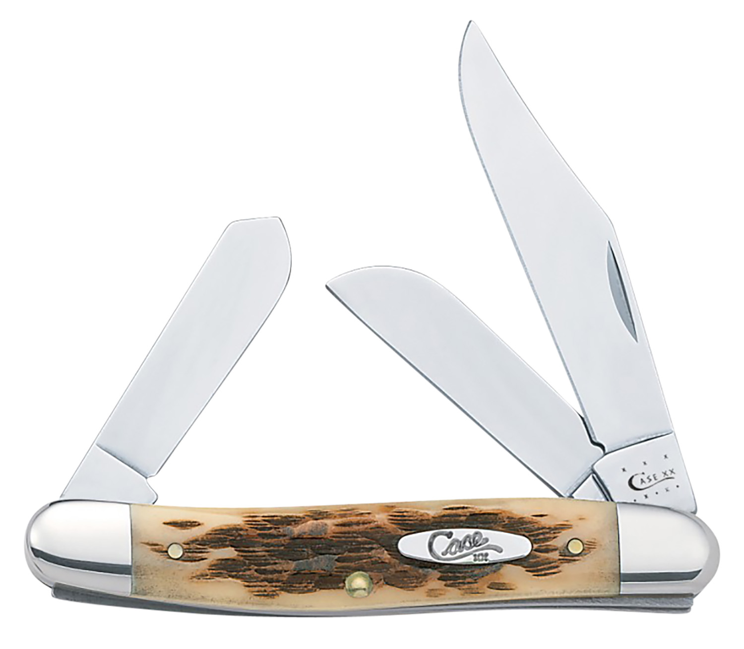 Case 00128 Stockman  Medium 2.92 Inch/2.15 Inch/1.90 Inch Folding Clip/Sheepsfoot/Spey Plain Mirror Polished TruSharp SS Blade/Peach Seed Jigged Amber Bone Handle | 021205001289