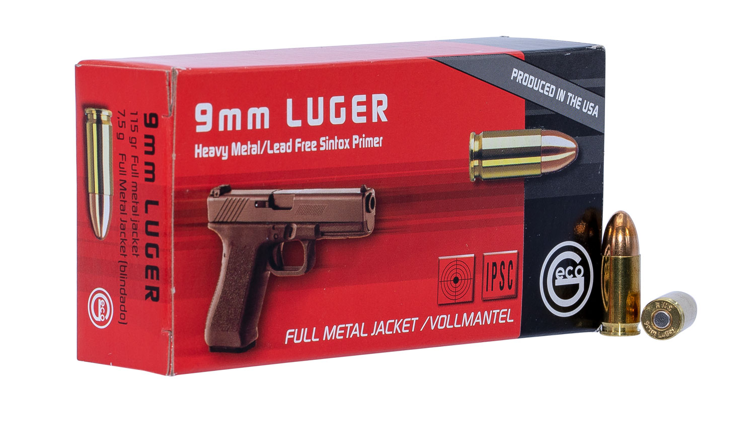 292240050 FMJ Geco 
9mm Luger 115 GR Full Metal Jacket 50 Bx/20 Cs