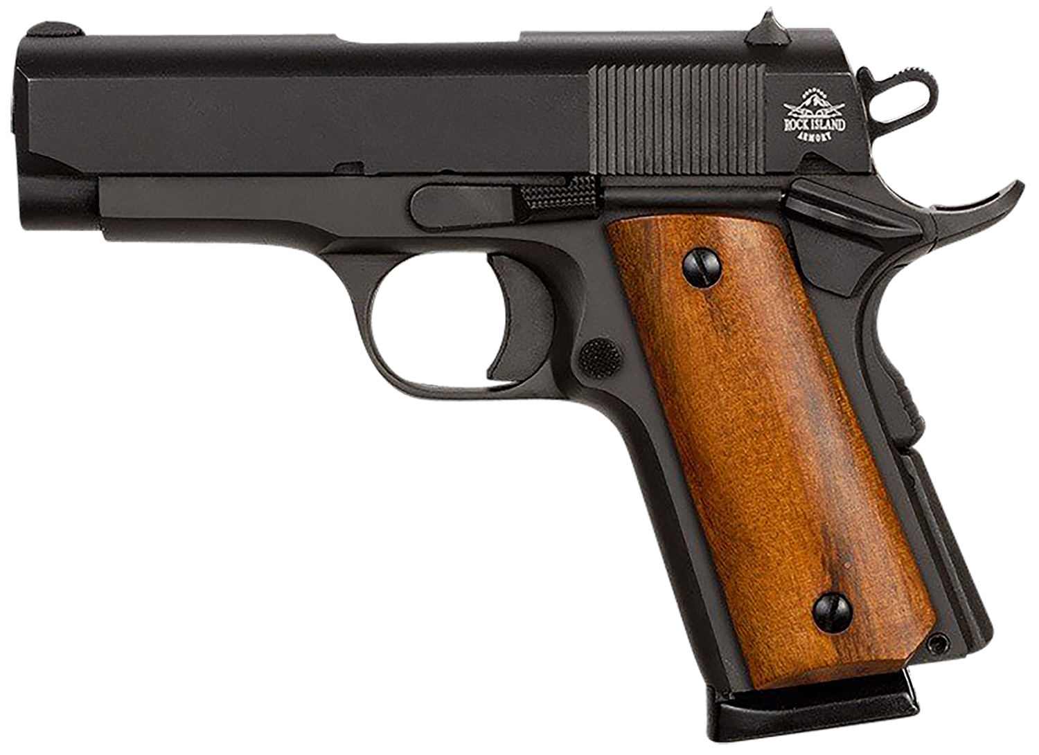 Rock Island 51416MA GI Standard CS MA Compliant 45 ACP Caliber with 3.50 Inch Barrel, 71 Capacity, Overall Black Parkerized Finish Steel, Beavertail Frame, Serrated Slide  Wood Grip | 45 ACP | 4806015515036