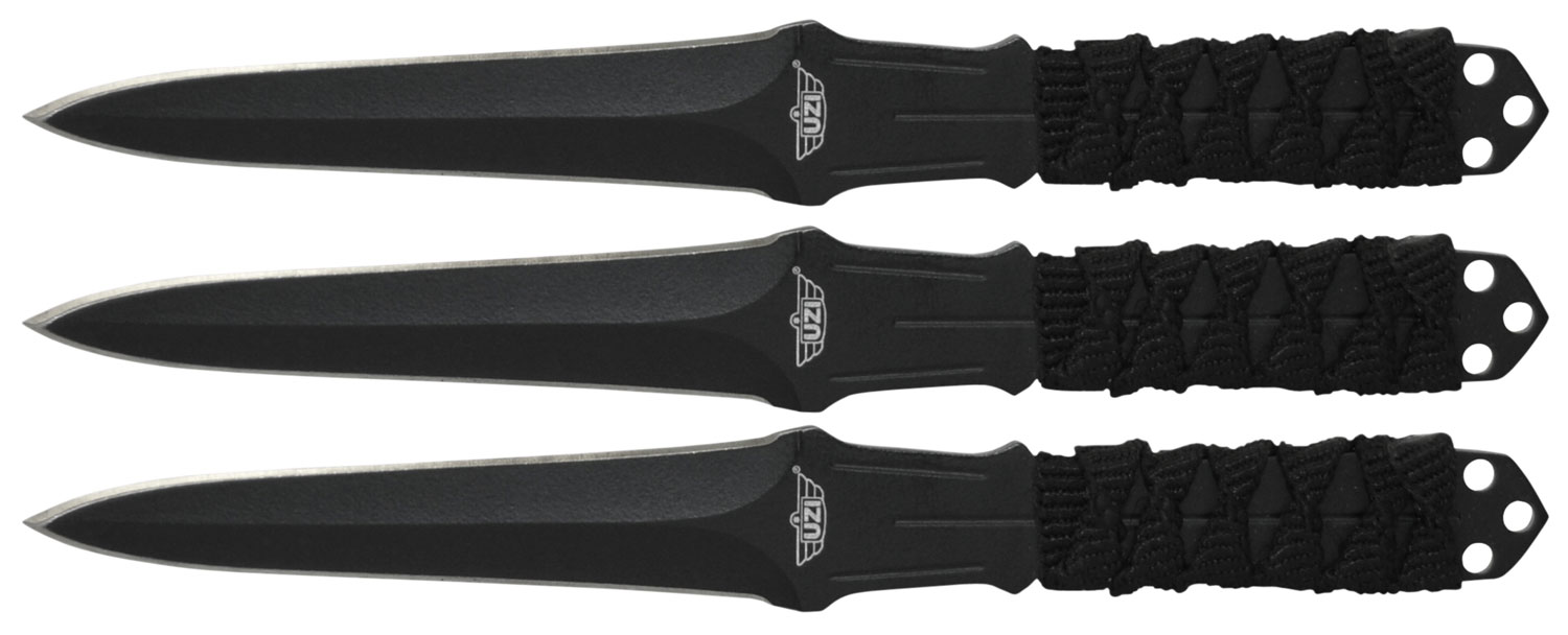 Uzi Accessories UZKTRW003 Throwing Knives  3 Inch Fixed Straight Back Plain Black Stainless Steel Blade Black Nylon Cord Wrapped Handle | 024718926544