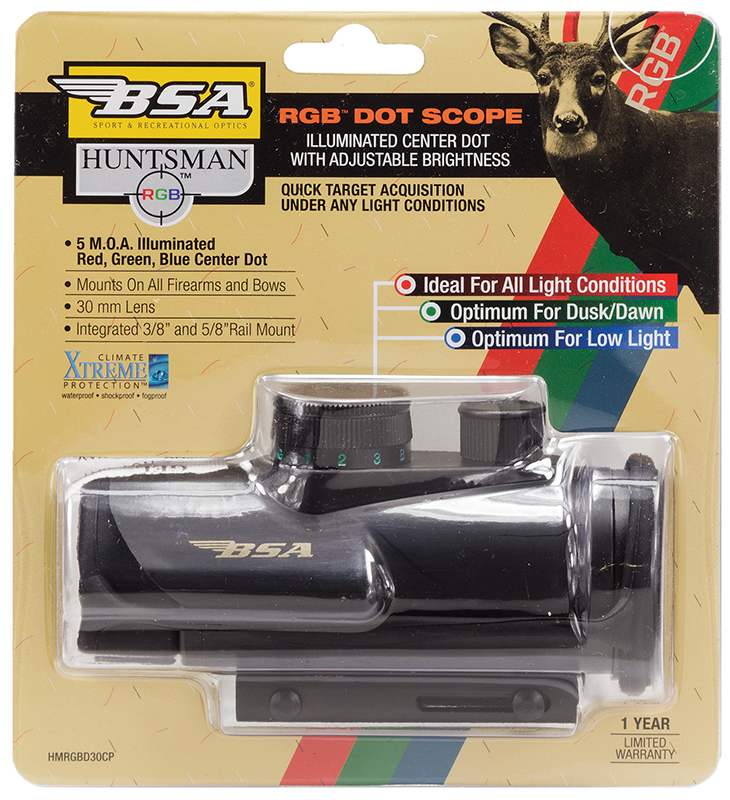 BSA HMRGBD30CP Huntsman  Matte Black 1x30mm 5 MOA Dual Illuminated Red Dot Reticle
