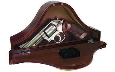 Peace Keeper MGC Mantle Gun Clock  Front Panel Entry Mahogany Stain Wood Holds 1 Handgun 14.62