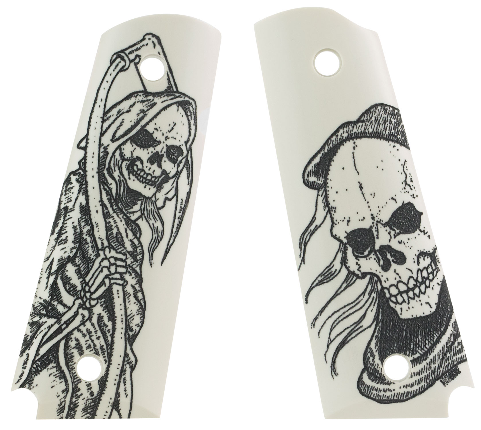 Hogue 45026 Scrimshaw Grip  Ambi-Cut Ivory with Grim Reaper Polymer for 1911 Government